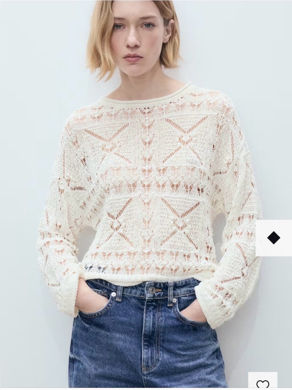 Mango Cream fine crochet Knit Crewneck Sweater